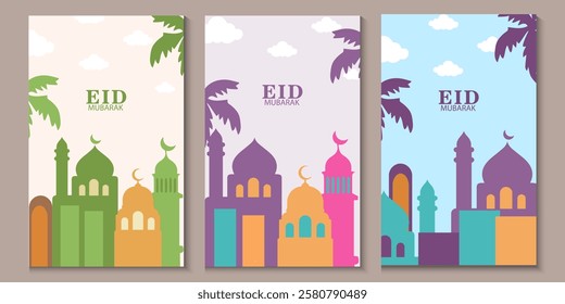 Collection of Ramadan Kareem or Eid mubarak posters,Ramadan greeting cards, holiday covers.Modern beautiful design in pastel colors with mosque, moon crescent, stars in the sky and copy space for text