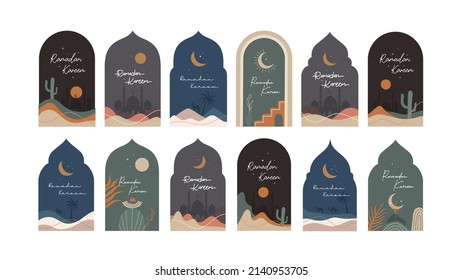 Collection of Ramadan Kareem greeting cards illustration design vector template. Ramadan Mubarak modern cards with retro boho style design, islamic frame, crescent, mosque, moon and desert.