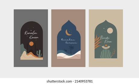 Collection of Ramadan Kareem greeting cards illustration design vector template. Ramadan Mubarak cards with modern bohemian style design