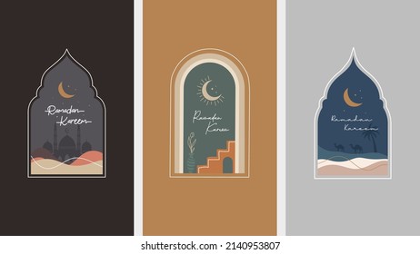 Collection of Ramadan Kareem greeting cards illustration design vector template. Ramadan Mubarak cards with arabic frame design concept.