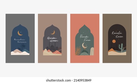 Collection of Ramadan Kareem greeting cards illustration design vector template. Ramadan Mubarak cards with vintage color and minimal modern style design.