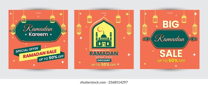 Collection of Ramadan Kareem Islamic background set design sale template, promotion, feed. Modern art design with a photo collage and beautiful Arabic ornament