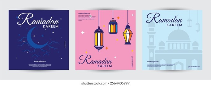 Collection of Ramadan Kareem. Islamic banner, poster, greeting card template. Modern art design with pattern of beautiful Arabic ornament the backdrop of a bright big crescent moon