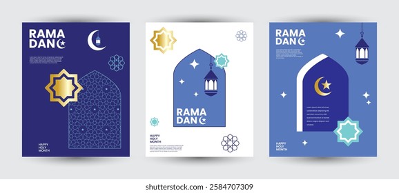 Collection of Ramadan Kareem. Islamic banner, poster, greeting card template. Modern art design with pattern of beautiful Arabic ornament the backdrop of a bright big crescent moon