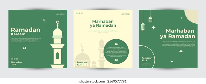 Collection of Ramadan Kareem. Islamic set design template, greeting, poster, feed, banner. Modern art design with beautiful Arabic ornament the backdrop of a bright big crescent moon and star