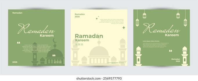 Collection of Ramadan Kareem. Islamic set design template, greeting, poster, feed, banner. Modern art design with beautiful Arabic ornament the backdrop of a bright big crescent moon and star