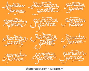 Collection of Ramadan Kareem modern calligraphy isolated on yellow background. Handwritten lettering. Hand drawn vector design elements. Muslim holy month.