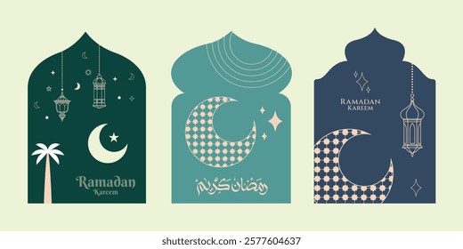 Collection of Ramadan Kareem Modern greeting card design with minimal boho, mosque windows shapes, lantern, moon, star, palm tree, Ramadan Kareem Typography in oriental style. Vector Illustration.