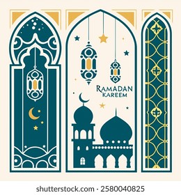 Collection of Ramadan Kareem Modern greeting card design with minimal boho, mosque windows shapes, lantern, moon, star, palm tree, Ramadan Kareem Typography in oriental style. Vector Illustration.