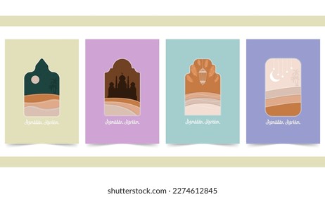 Collection Ramadan Kareem vector illustration template with pastel color background. Islamic greeting card ramadan for social media template,Poster, media banner, wallpaper set