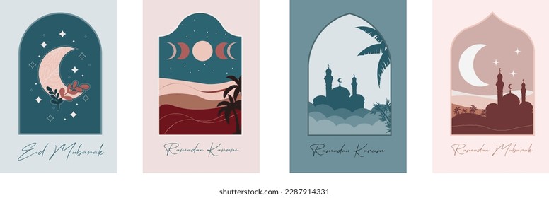 Collection of Ramadan Mubarak greeting cards in retro boohoo style design with moon, mosque and desert