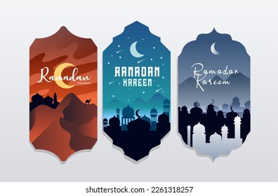 colección de etiquetas vectoriales de Ramadán: maravillosas vistas nocturnas de la mezquita, el desierto y las estrellas durante Ramadán