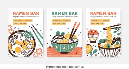 Collection of ramen bar colorful vertical posters vector flat illustration. Set of promo templates for restaurant of japanese cuisine. Vertical advertising with national oriental soup with noodle