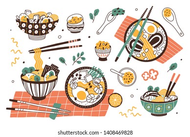 Coleção de ramen em tigelas e pauzinhos. Conjunto de saborosa refeição asiática ou japonesa tradicional com macarrão e caldo. Pacote de sopa deliciosa ou ensopado. Ilustração vetorial colorida plana dos desenhos animados.