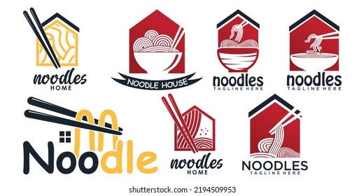 Collection of ramen noodle icon logo design for ramen restaurant with unique concept Premium Vector