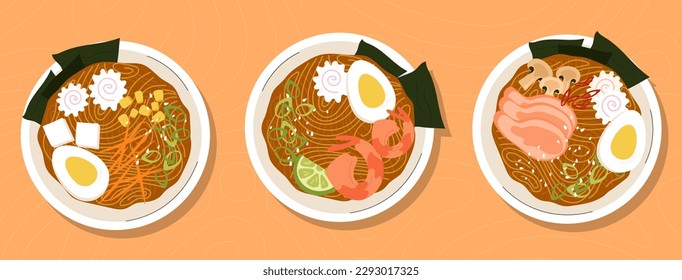 Collection of ramen. Set of korean traditional food. Noodles with egg and shrimp. Top view at bowls with japanese, oriental seafood. Cartoon flat vector illustrations isolated on orange background