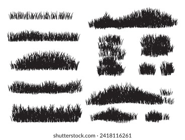 Colección de garabatos dibujados a mano aleatoria de hierba, forma, forma de pasto conjunto vectorial