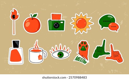 a collection of random retro cartoon style stickers with bright colors. Can be used as social media stickers, book cover design elements and more