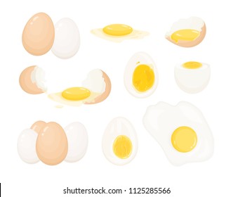 Collection of raw, boiled and fried eggs, peeled and covered with eggshell. Bundle of delicious high-protein food products isolated on white background. Realistic colorful vector illustration.