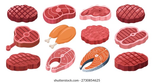 Colección de carne cruda y a la parrilla y cortes de pescado con patas de pollo carne de res