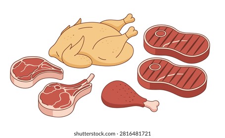 Collection of raw meat featuring a whole roasted chicken, lamb chops, and grilled beef steaks on a white backdrop.