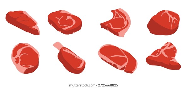 Una colección de ilustraciones de carne cruda en rodajas en varios 
