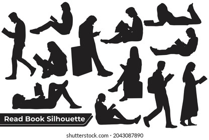 Collection of read book silhouettes in different poses