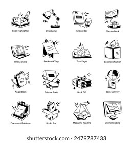 Collection of Reading Material Doodle Icons 

