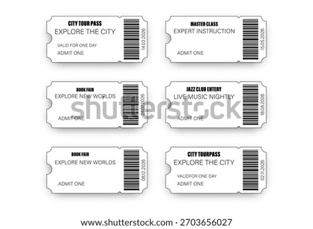 Collection of ready-made black and white ticket templates for various events with text, date, and barcode. Eps 10