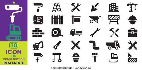Collection of real estate and construction icon element. Containing crane, truck, hammer, building, manufacturing, vehicle, helmet, paint brush, ladder, brick, excavator, engineering tools and more