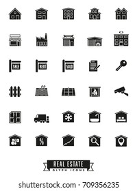 Collection of real estate glyph icons on white background