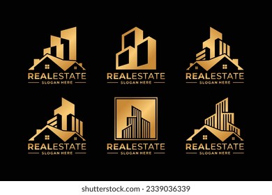 Collection of real estate logo design with golden color.