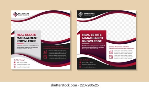 collection of Real estate management knowledge banners design template. home sale banner or social media feed post template. space for photo collage and text. white and black background. wave element.