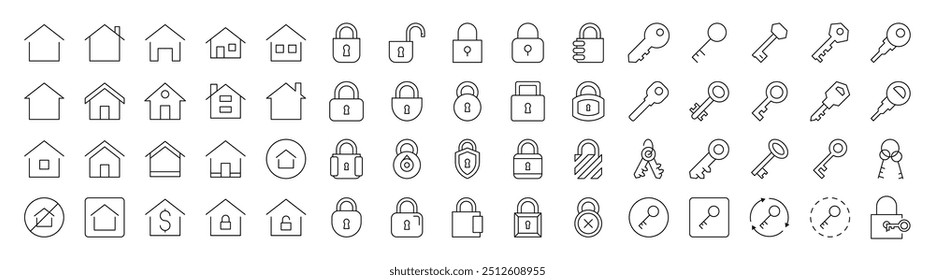Collection of Real Estate Related Line Icons. Editable Stroke for Design, Web Sites, Apps, Cards. Contains Linear Images of House and Key