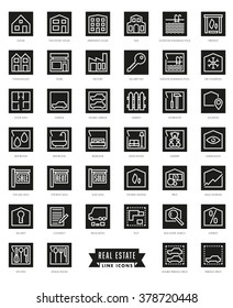 Collection Of Real Estate Themed Line Icons, Negative In Black Squares