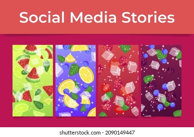 Collection real fruit juice background vertical social media stories vector flat illustration. Refreshment tropical leaves, berries and ice cubes with bubbles summer cocktail juicy beverage backdrop