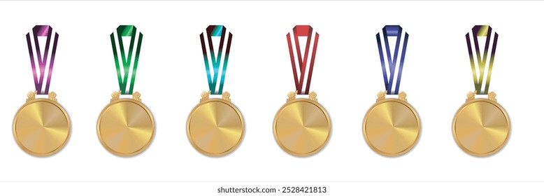 Collection of real gold medals isolated on free png background with a lot of text area - winner copy space concept six color set and gold mix , Vector illustration of gold medal