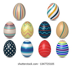 Collection of Realistic 3D Colored Easter eggs different texture, pattern isolated on White background