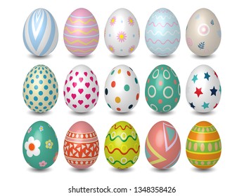 Collection of Realistic 3D Colored Easter eggs different texture, pattern isolated on White background