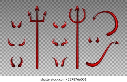 Sammlung von realistischen 3D-Teufelskostümelementen - roter blutiger Trident, glänzend Hört verschiedene Formen und verschiedene Dämonenschwänze auf transparentem Hintergrund. Satan-Dekoration, Monster-Karneval-Element. 