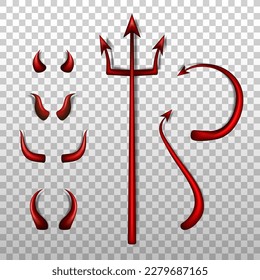 Collection of realistic 3d devil costume elements - red bloody trident, glossy horns various shape and different demon tails on transparent background. Satan decoration, Monster carnival element.  svg
