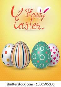 Collection of realistic 3D Easter eggs with different texture, pattern on retro background.Spring holiday festival. Vector Illustration.Happy easter eggs concepts