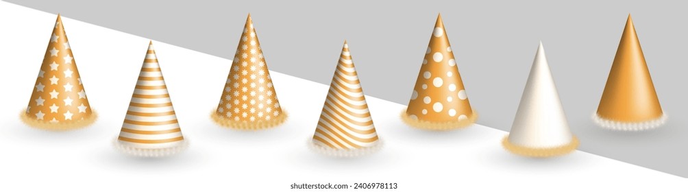 Collection of realistic 3d golden Birthday party hats with fluffy fur and pattern isolated on transparent background. 3d orange party cones, yellow paper caps for festival, carnival, celebration