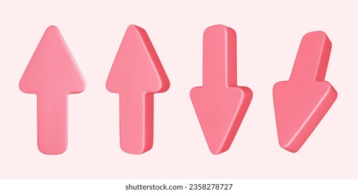 Collection of realistic 3D pink arrow pointing isolated on light pink background. Vector illustration