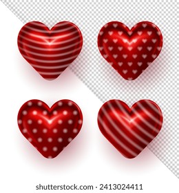 Collection of realistic 3d puffy golden valentine hearts with striped and polka dot patterns on transparent background. Three dimensional symbols of love, affection - glossy hearts for Valentines Day
