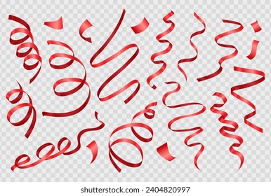 Collection of realistic 3d vibrant red party streamers, coil ribbon serpentine isolated on transparent background. Falling glossy spiral curled tinsel, vector festive confetti or silk ribbons