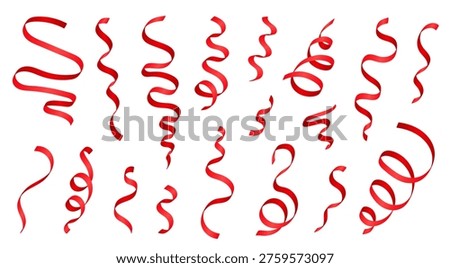 Collection of realistic 3d vibrant red party streamers, coil ribbon serpentine isolated on transparent background. Falling glossy spiral curled tinsel, vector festive confetti or silk ribbons