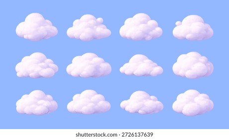 colección de nubes blancas realistas en 3D, con Formas mullidas de cúmulos flotando en un cielo azul brillante. Elementos de nubes aislados para el verano, el Clima y los diseños con temas de naturaleza.