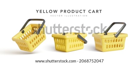 Collection of realistic 3d yellow shopping carts isolated on white background. Empty shopping basket. Vector illustration