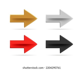 Collection of realistic arrows. 3d vector icon illustration. Gold, black, silver and red direction cursor. Set of multicolored navigation interface pointers isolated on white